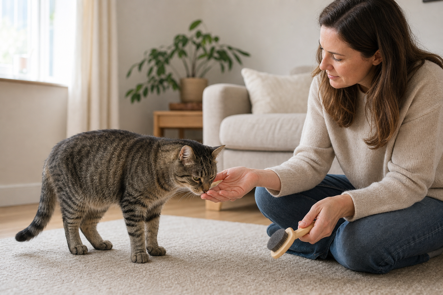 Woman letting a relaxed tabby cat sniff her hand before a calm grooming session