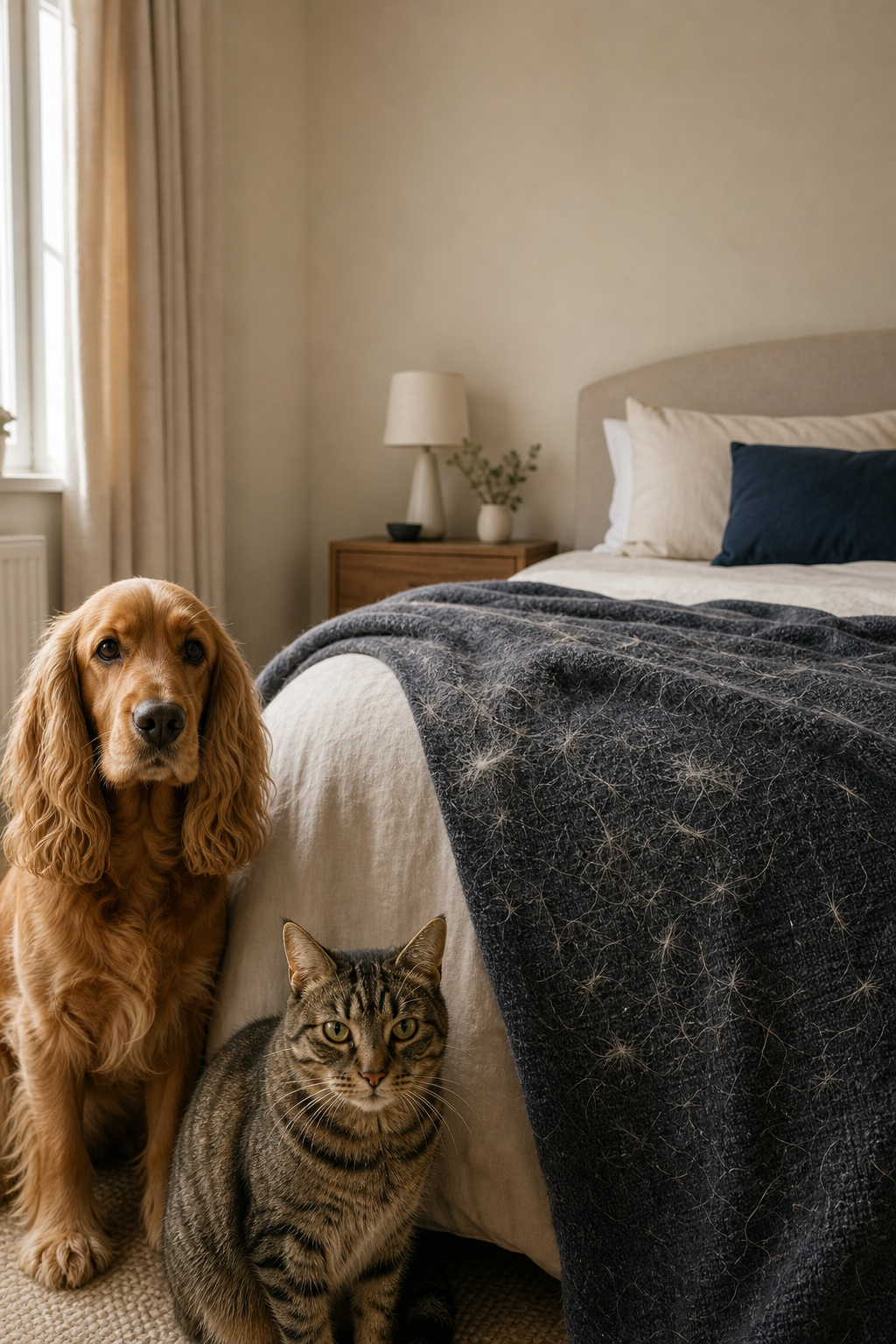Golden cocker spaniel and tabby cat beside a bed with loose pet hair on a dark throw