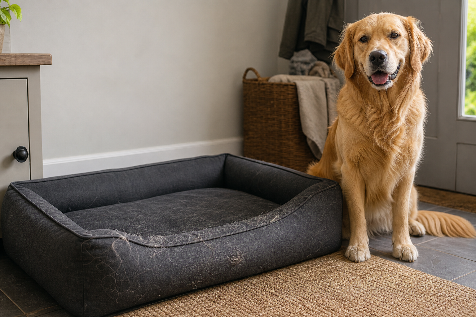 Golden dog beside a charcoal pet bed with loose hair caught on the fabric and seams