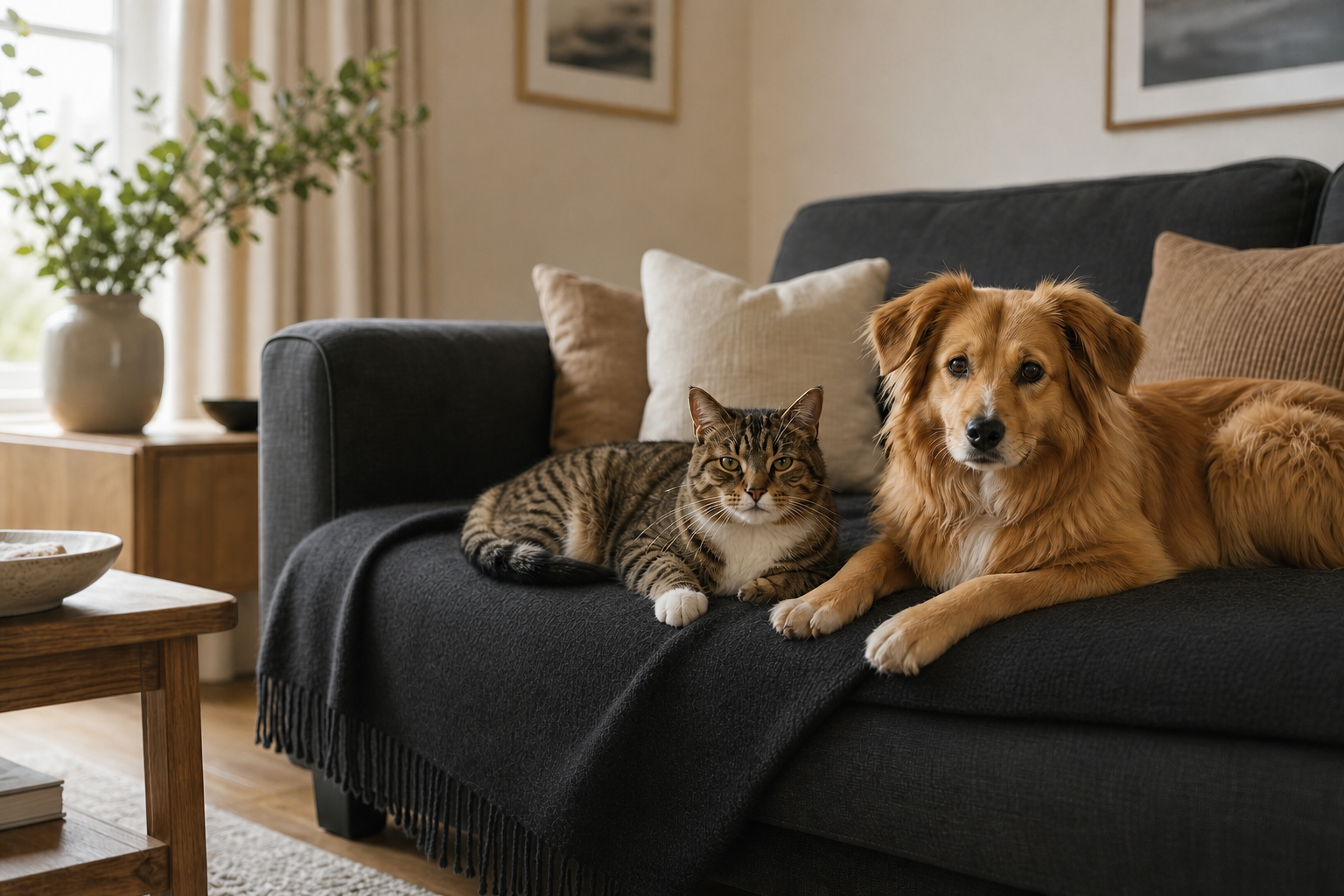 Dog and cat relaxing on a charcoal sofa with a dark throw in a warm living room