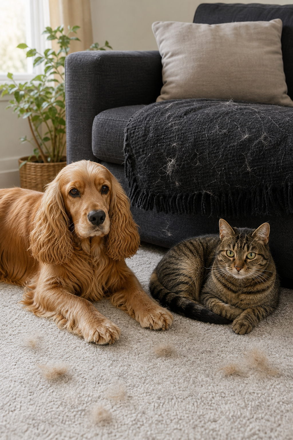 Golden dog and tabby cat beside small clumps of loose coat hair in a bright home