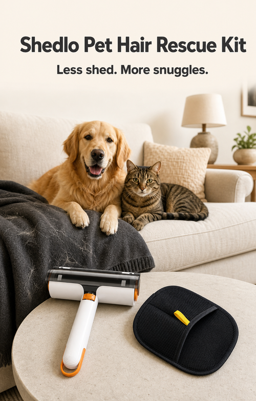 Shedlo Pet Hair Rescue Kit displayed in a living room with a dog and cat.