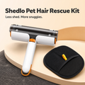 Shedlo Pet Hair Rescue Kit with reusable white-and-orange fabric roller and black grooming mitt.