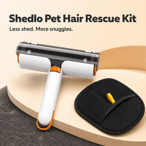 Shedlo Pet Hair Rescue Kit with reusable white-and-orange fabric roller and black grooming mitt.