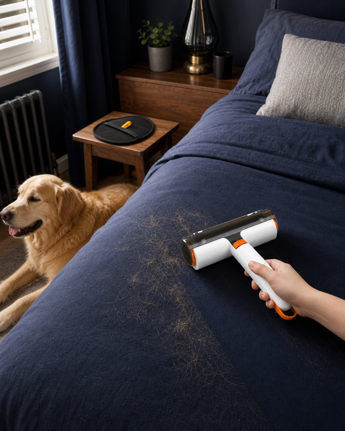 Shedlo reusable pet-hair roller lifting golden pet hair from a navy duvet, with the grooming mitt nearby.
