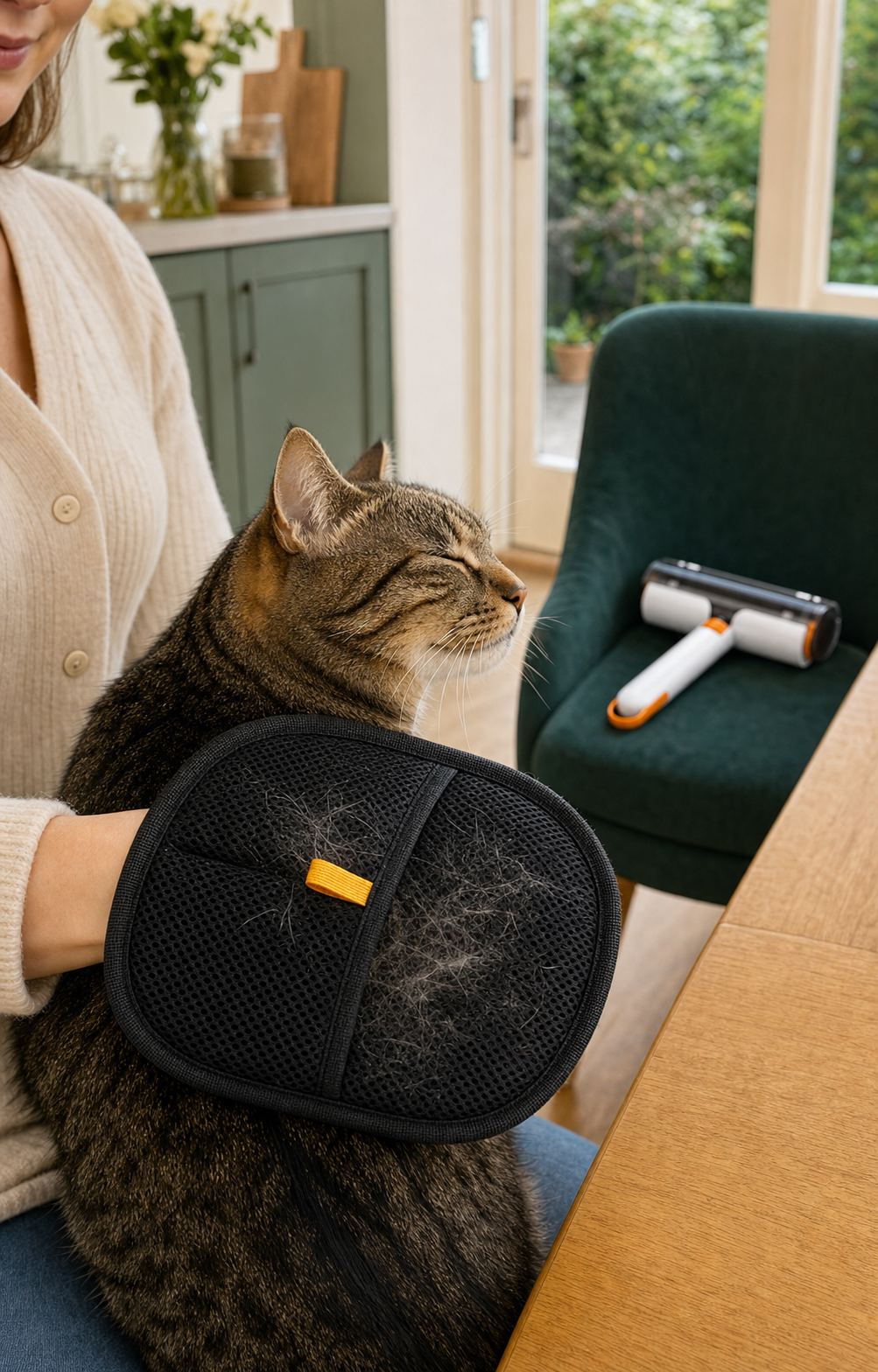 Relaxed tabby cat being gently groomed with the black Shedlo grooming mitt.
