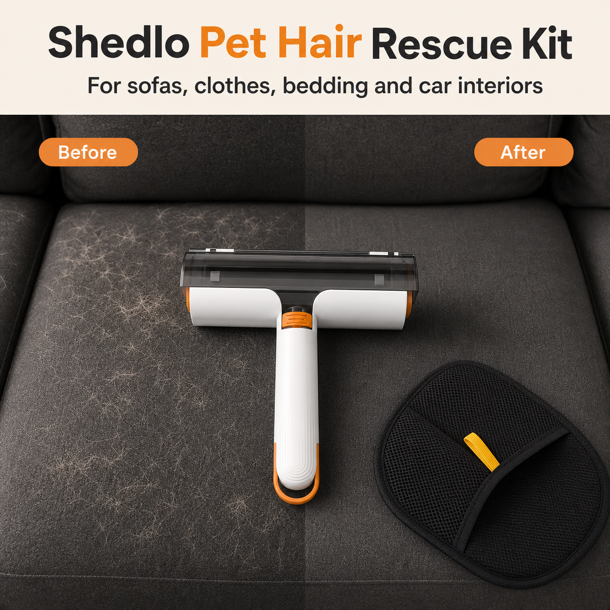 Shedlo roller and grooming mitt shown with a before-and-after pet hair result on a dark sofa.