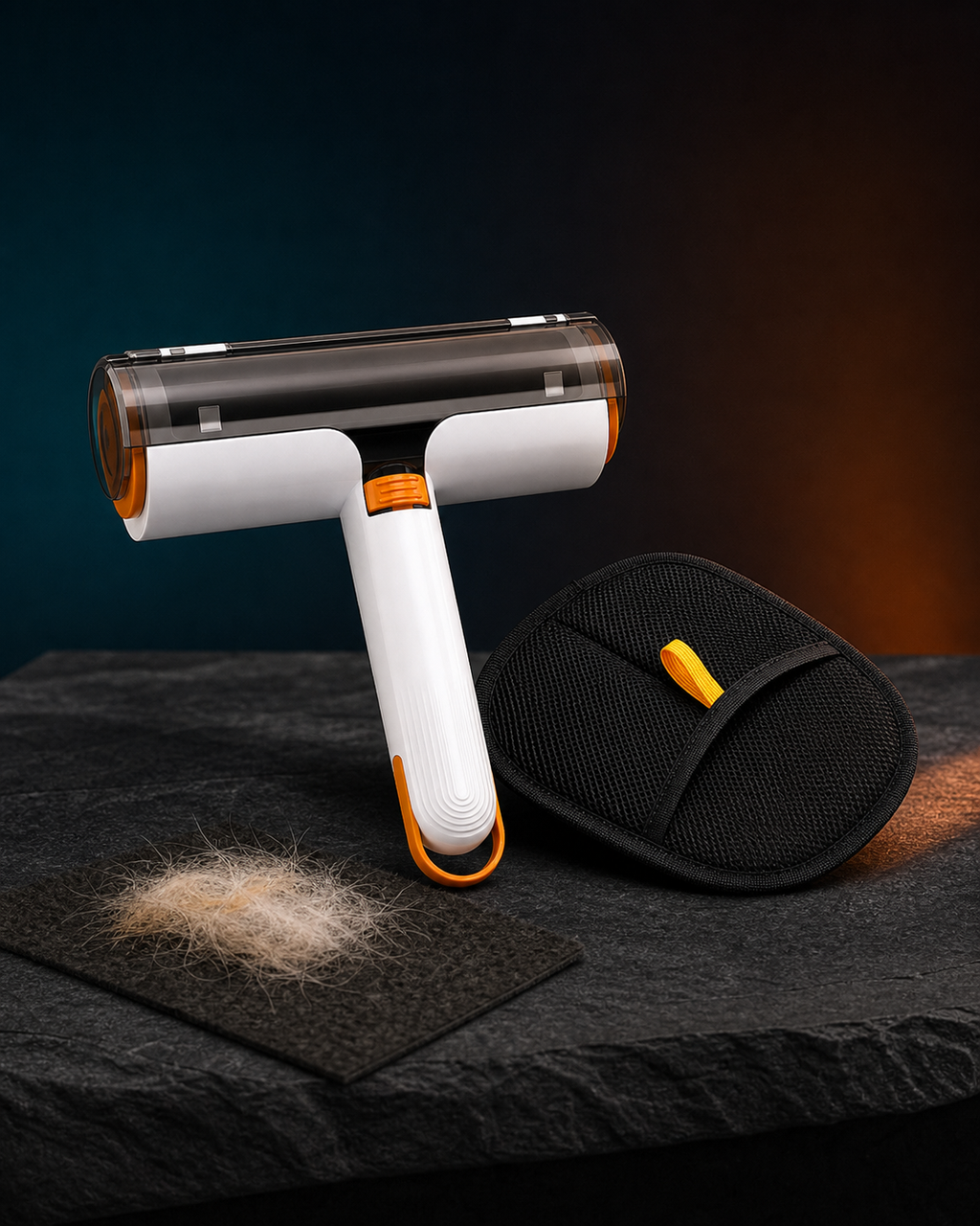 Shedlo Pet Hair Rescue Kit with reusable roller, black grooming mitt and a small tuft of collected pet hair.