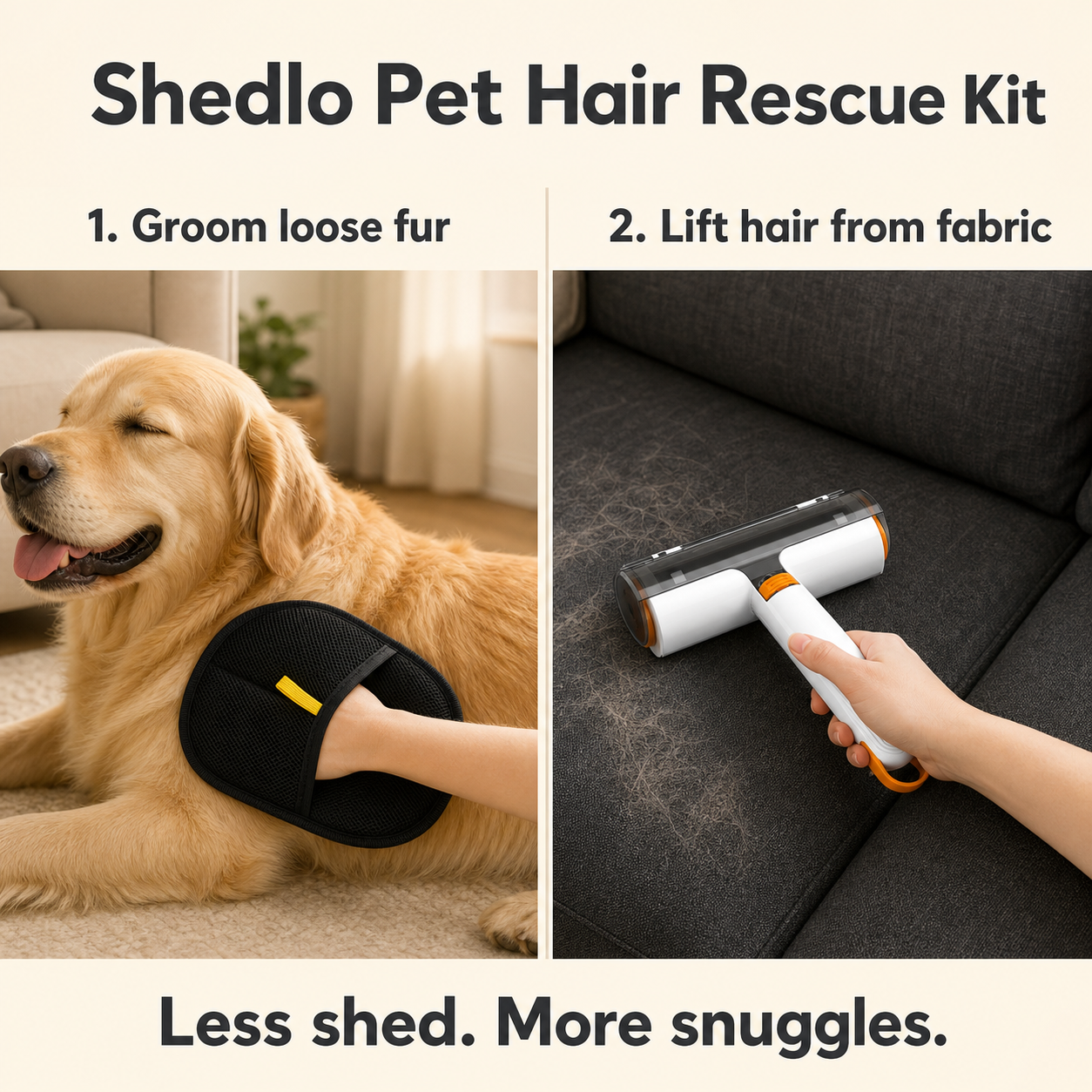 Two-step Shedlo routine: black grooming mitt for loose fur and reusable roller for fabric.